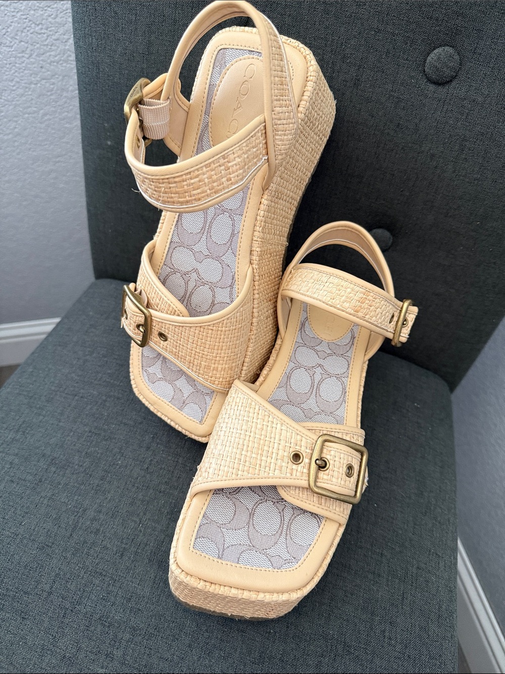 Coach Beige Woven Platform Wedge Sandals